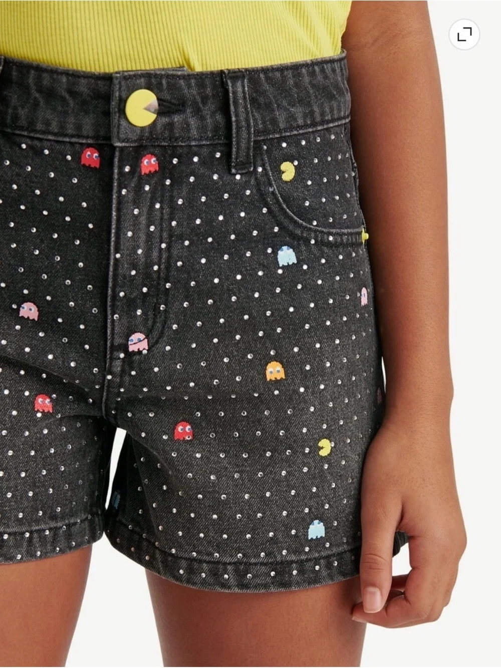 Justice Embellished Pac-Man Print Black Denim Shorts girls size 10
